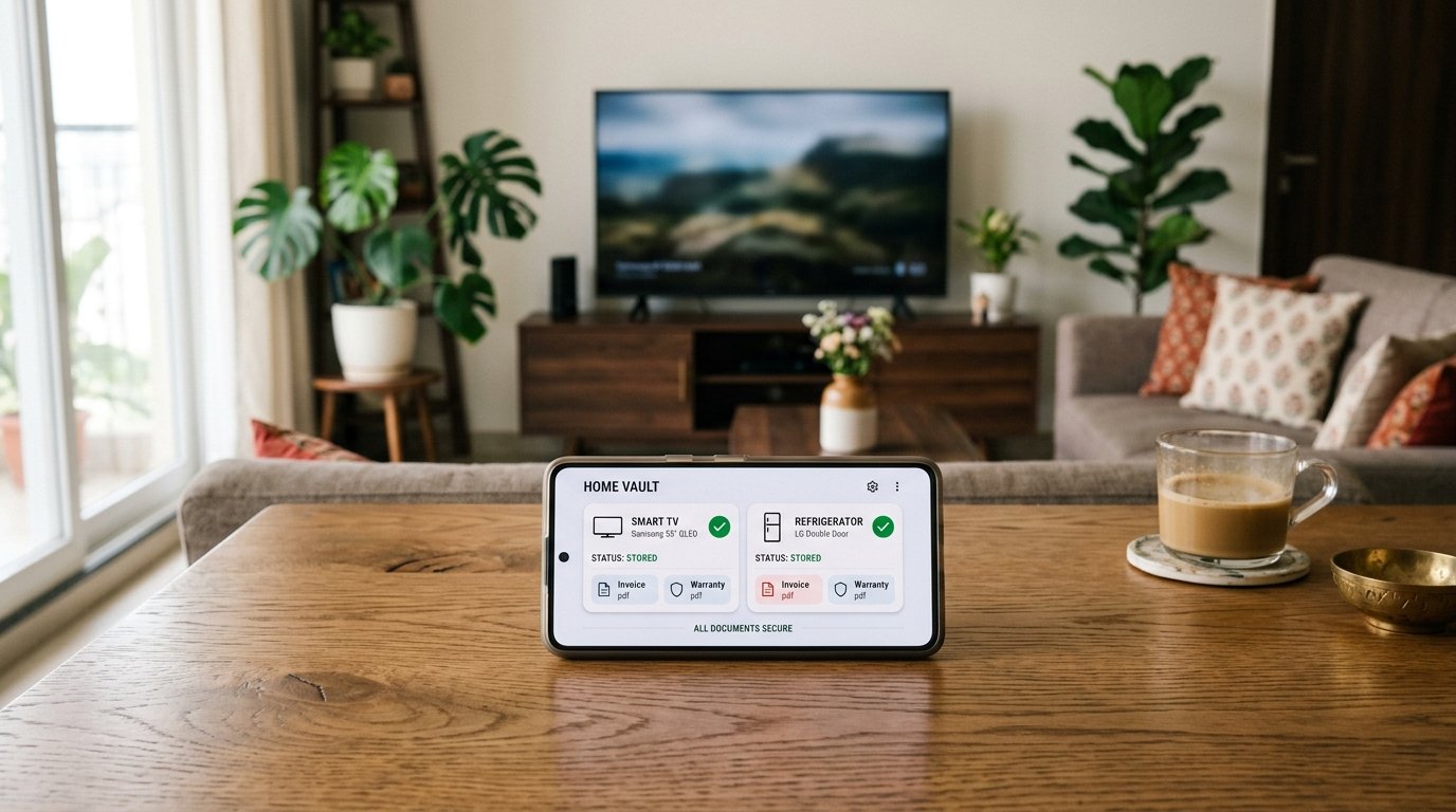 Organized HOSHO digital locker on mobile phone in clean Indian living room